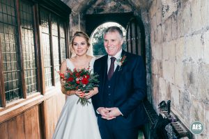 Bride and father in doorway at St Mary and Martins Church in Blyth
